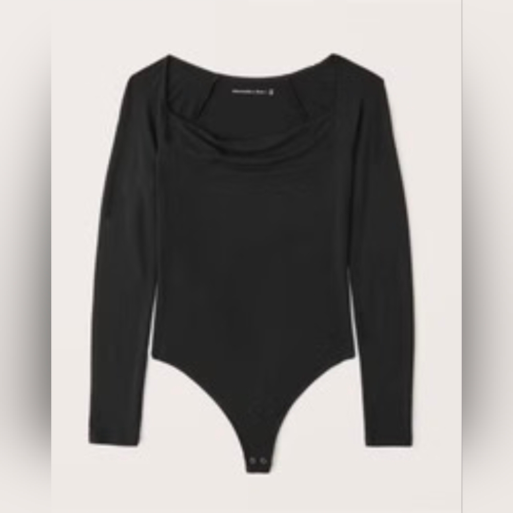 ABERCROMBIE & FITCH LONG SLEEVE DRAPEY COWL NECK THONG BODYSUIT - BLACK XS